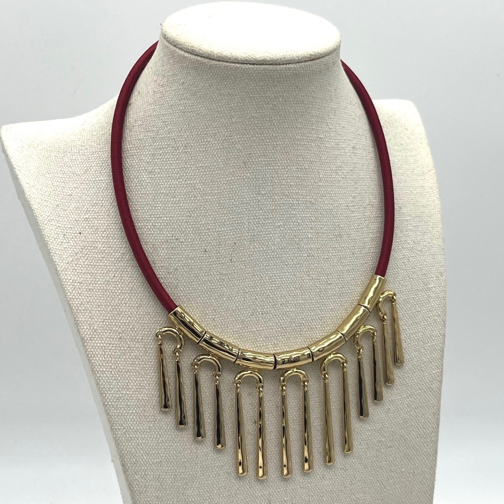 Brooks Brothers Red Cord Gold Tone Hammered Fringe Statement Toggle Necklace 17"